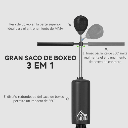HOMCOM Punching Ball de Boxe com Altura Ajustável com Barra Giratória 360° e Base Preenchida Punching Ball para Boxe 88x48x155-205 cm Preto