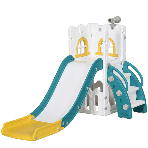 AIYAPLAY Escorrega Infantil 4 em 1 para Crianças de 1-3 Anos com Cesto de Basquetebol Telescópio Escalador e Espaço de Arrumação para Interior e Exterior 70x177x92 cm Amarelo e Verde