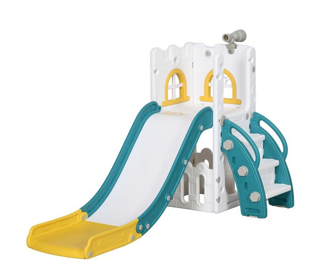 Aiyaplay tobogán infantil 5 en 1, tobogán para niños de 1-3 años con aro de baloncesto, telescopio, escalador y cesta inferior, para interior y exterior, amarillo y verde