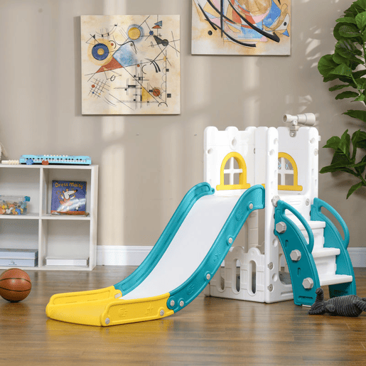 AIYAPLAY Escorrega Infantil 4 em 1 para Crianças de 1-3 Anos com Cesto de Basquetebol Telescópio Escalador e Espaço de Arrumação para Interior e Exterior 70x177x92 cm Amarelo e Verde