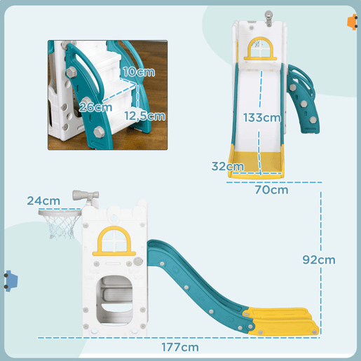 AIYAPLAY Escorrega Infantil 4 em 1 para Crianças de 1-3 Anos com Cesto de Basquetebol Telescópio Escalador e Espaço de Arrumação para Interior e Exterior 70x177x92 cm Amarelo e Verde