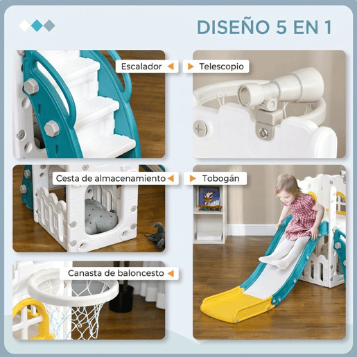 AIYAPLAY Escorrega Infantil 4 em 1 para Crianças de 1-3 Anos com Cesto de Basquetebol Telescópio Escalador e Espaço de Arrumação para Interior e Exterior 70x177x92 cm Amarelo e Verde