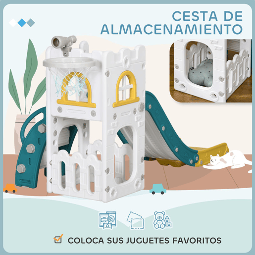 AIYAPLAY Escorrega Infantil 4 em 1 para Crianças de 1-3 Anos com Cesto de Basquetebol Telescópio Escalador e Espaço de Arrumação para Interior e Exterior 70x177x92 cm Amarelo e Verde