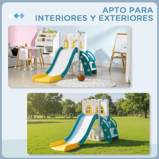 AIYAPLAY Escorrega Infantil 4 em 1 para Crianças de 1-3 Anos com Cesto de Basquetebol Telescópio Escalador e Espaço de Arrumação para Interior e Exterior 70x177x92 cm Amarelo e Verde