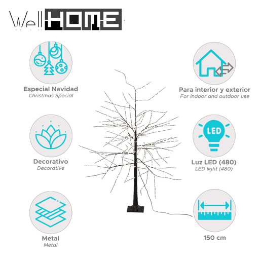 Árvore decorativa Well Home com 600 LEDs brancos quentes - 150 cm de altura