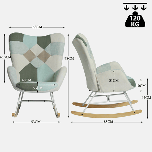Poltrona De Balanço Estofada Em Tecido Patchwork Multicolorido Com Estrutura Metálica Branca E Base Curva De Madeira Estilo Escandinavo Ideal Para Sala Ou Quarto Moderno