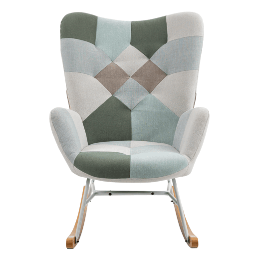 Poltrona De Balanço Estofada Em Tecido Patchwork Multicolorido Com Estrutura Metálica Branca E Base Curva De Madeira Estilo Escandinavo Ideal Para Sala Ou Quarto Moderno