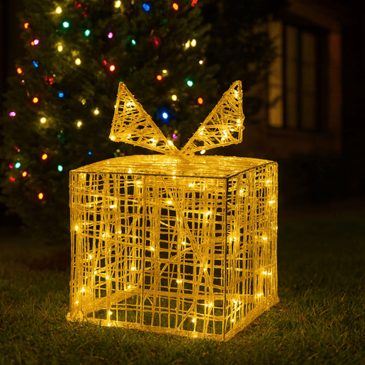 Caixa de presente de Natal decorativa com 30 micro LEDs brancos quentes 15x15x15cm