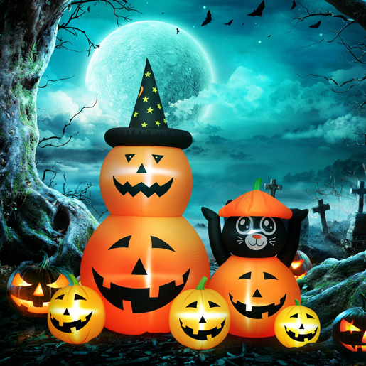 Outsunny Abóbora Insuflável de Halloween com Gato de 180 cm Decoração de Halloween com Luzes LED IP44 e Inflador para Jardim Festas Exterior 160x100x180 cm Laranja