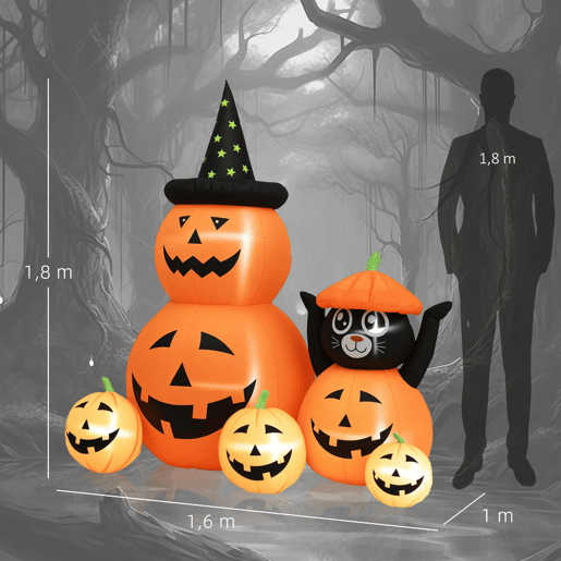 Outsunny Abóbora Insuflável de Halloween com Gato de 180 cm Decoração de Halloween com Luzes LED IP44 e Inflador para Jardim Festas Exterior 160x100x180 cm Laranja