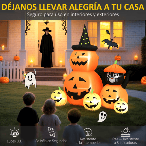Outsunny Abóbora Insuflável de Halloween com Gato de 180 cm Decoração de Halloween com Luzes LED IP44 e Inflador para Jardim Festas Exterior 160x100x180 cm Laranja