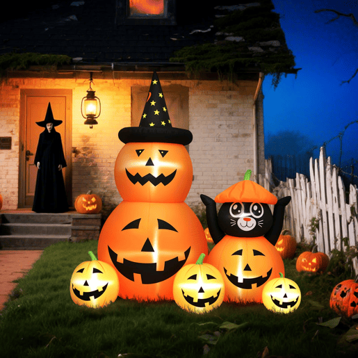 Outsunny Abóbora Insuflável de Halloween com Gato de 180 cm Decoração de Halloween com Luzes LED IP44 e Inflador para Jardim Festas Exterior 160x100x180 cm Laranja