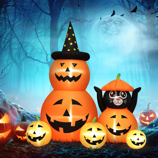 Outsunny Abóbora Insuflável de Halloween com Gato de 180 cm Decoração de Halloween com Luzes LED IP44 e Inflador para Jardim Festas Exterior 160x100x180 cm Laranja