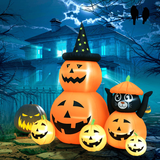 Outsunny Abóbora Insuflável de Halloween com Gato de 180 cm Decoração de Halloween com Luzes LED IP44 e Inflador para Jardim Festas Exterior 160x100x180 cm Laranja