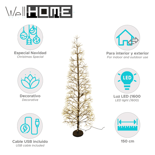 Árvore de Natal Well Home com 1600 LEDs Branco Quente 150cm
