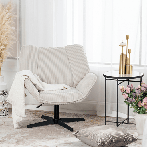 Poltrona De Escritório Ou Sala Giratória Estofada Em Tecido De Veludo Canelado Bege Com Base Metálica Preta Altura Ajustável Estilo Escandinavo Ideal Para Ambientes Modernos