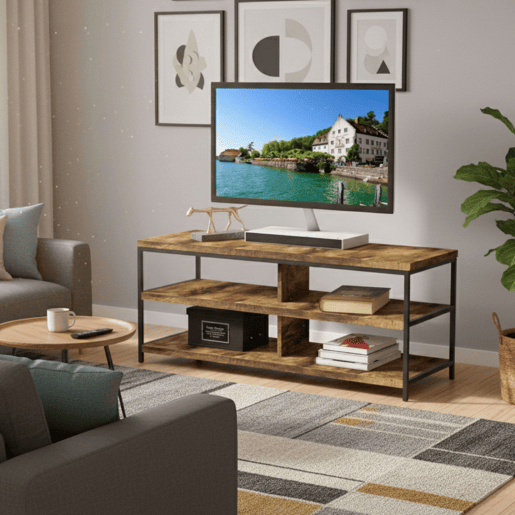 Mesa de TV para sala de estar 110 cm em carvalho cambriano e preto com 2 prateleiras e 4 espaços para dispositivos de até 50 110x45x40 cm