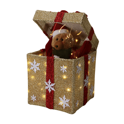 Caixa de presente decorativa de Natal dourada com música e 50 LEDs quentes 50x25x25cm