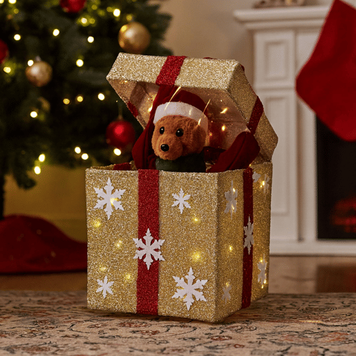 Caixa de presente decorativa de Natal dourada com música e 50 LEDs quentes 50x25x25cm