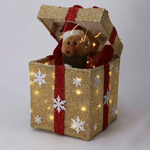 Caixa de presente decorativa de Natal dourada com música e 50 LEDs quentes 50x25x25cm