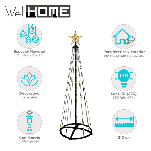 Árvore de Natal Well Home com 370 luzes LED brancas quentes - 210 cm