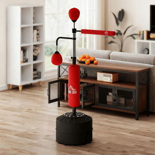HOMCOM Punching Ball de Boxe com Altura Ajustável com 2 Bolas de Velocidade Barra Giratória 360° e Base Preenchida com Água ou Areia Punching Ball para Adultos 88x50x160-230 cm Vermelho e Preto