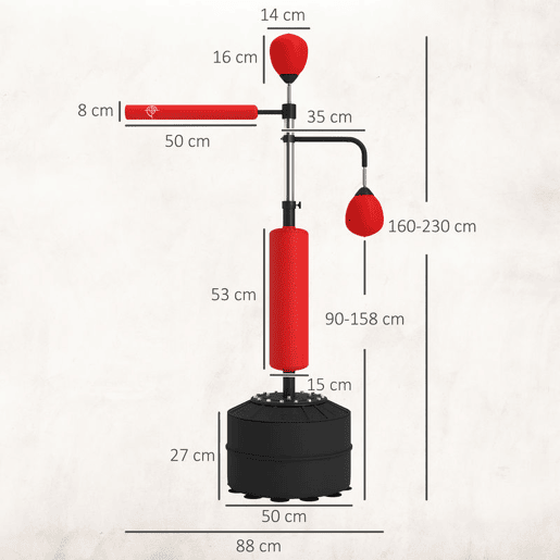 HOMCOM Punching Ball de Boxe com Altura Ajustável com 2 Bolas de Velocidade Barra Giratória 360° e Base Preenchida com Água ou Areia Punching Ball para Adultos 88x50x160-230 cm Vermelho e Preto