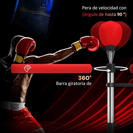 HOMCOM Punching Ball de Boxe com Altura Ajustável com 2 Bolas de Velocidade Barra Giratória 360° e Base Preenchida com Água ou Areia Punching Ball para Adultos 88x50x160-230 cm Vermelho e Preto