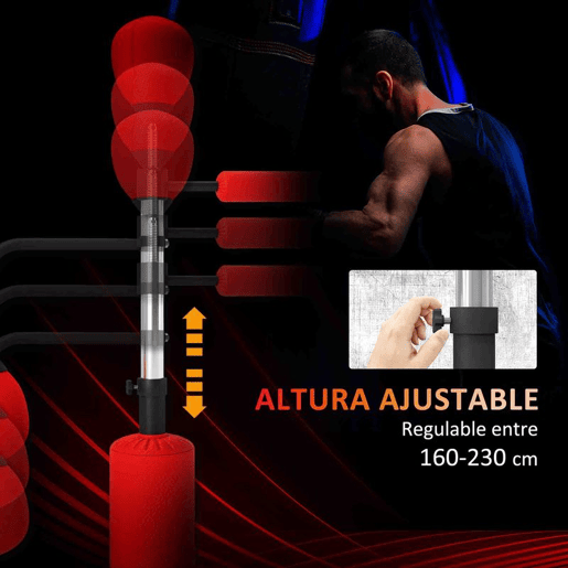 HOMCOM Punching Ball de Boxe com Altura Ajustável com 2 Bolas de Velocidade Barra Giratória 360° e Base Preenchida com Água ou Areia Punching Ball para Adultos 88x50x160-230 cm Vermelho e Preto