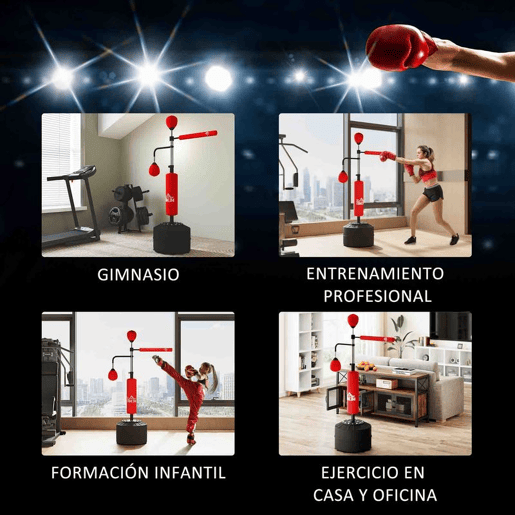 HOMCOM Punching Ball de Boxe com Altura Ajustável com 2 Bolas de Velocidade Barra Giratória 360° e Base Preenchida com Água ou Areia Punching Ball para Adultos 88x50x160-230 cm Vermelho e Preto