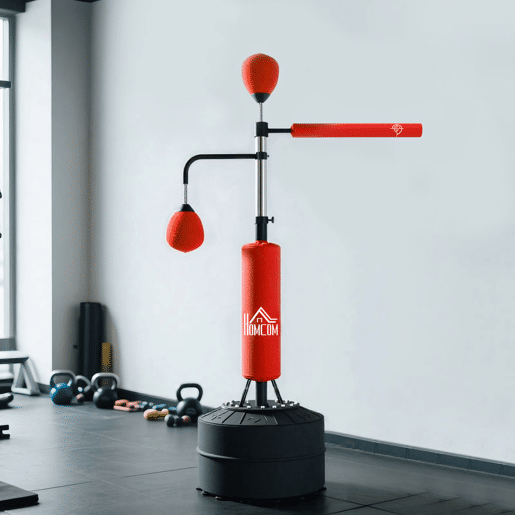 HOMCOM Punching Ball de Boxe com Altura Ajustável com 2 Bolas de Velocidade Barra Giratória 360° e Base Preenchida com Água ou Areia Punching Ball para Adultos 88x50x160-230 cm Vermelho e Preto