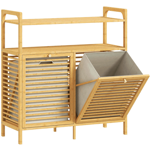 HOMCOM Móvel de Casa de Banho com Cesto para Roupa Suja Móvel para Roupa Suja em Bambu 2 Sacos de Roupa Extraíveis e Laváveis com Alça 2 Prateleiras Abertas para Lavandaria 82x33x88 cm Madeira