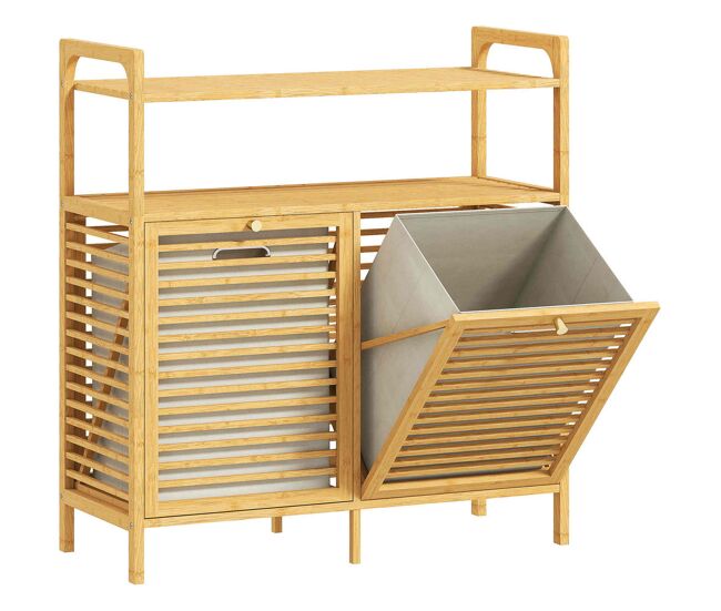 Homcom mueble de baño con cesto ropa sucia, mueble ropa sucia de bambú, 2 bolsas 2x41 l extraíbles y lavables con asa, 2 estantes abiertos, para lavadero, 82x33x88 cm natural y crema