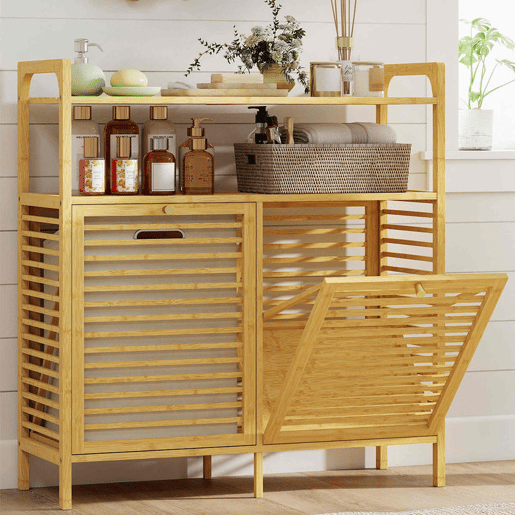 HOMCOM Móvel de Casa de Banho com Cesto para Roupa Suja Móvel para Roupa Suja em Bambu 2 Sacos de Roupa Extraíveis e Laváveis com Alça 2 Prateleiras Abertas para Lavandaria 82x33x88 cm Madeira