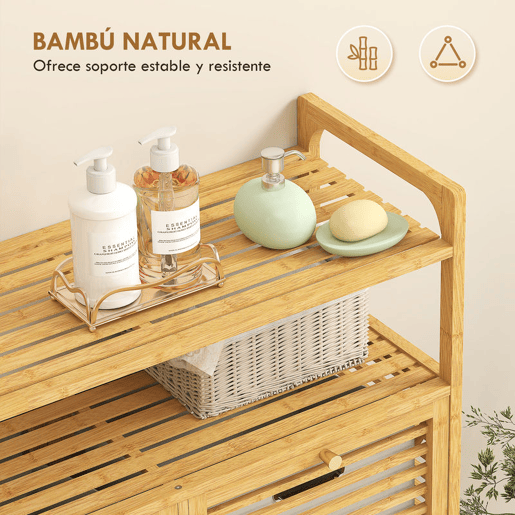 HOMCOM Móvel de Casa de Banho com Cesto para Roupa Suja Móvel para Roupa Suja em Bambu 2 Sacos de Roupa Extraíveis e Laváveis com Alça 2 Prateleiras Abertas para Lavandaria 82x33x88 cm Madeira