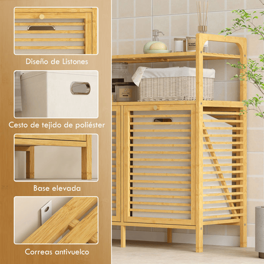 HOMCOM Móvel de Casa de Banho com Cesto para Roupa Suja Móvel para Roupa Suja em Bambu 2 Sacos de Roupa Extraíveis e Laváveis com Alça 2 Prateleiras Abertas para Lavandaria 82x33x88 cm Madeira