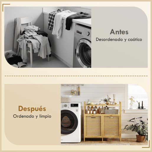 HOMCOM Móvel de Casa de Banho com Cesto para Roupa Suja Móvel para Roupa Suja em Bambu 2 Sacos de Roupa Extraíveis e Laváveis com Alça 2 Prateleiras Abertas para Lavandaria 82x33x88 cm Madeira