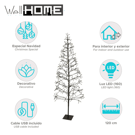 Árvore de Natal em formato de A da Well Home com 9 galhos e 160 luzes LED - 120 cm de altura