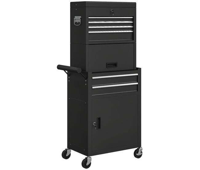 Homcom carro de herramientas con 6 cajones y cerraduras, 3 en 1, carro de taller móvil con ruedas y panel lateral perforado, caja de herramientas desmontable de acero, para taller, garaje, negro