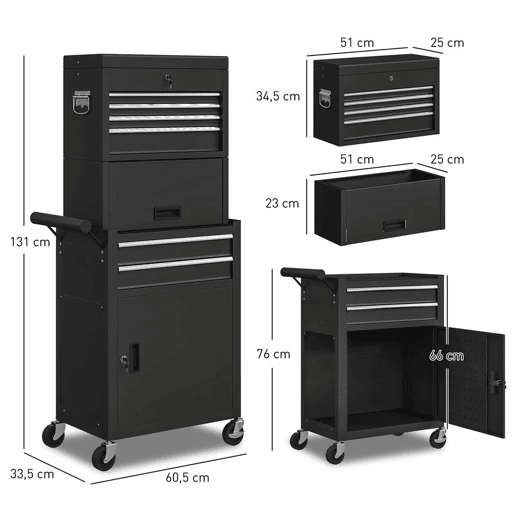 HOMCOM Carrinho de Ferramentas com 6 Gavetas e Fechos 3 em 1 Carrinho de Oficina Móvel com Rodas e Painel Lateral Perfurado Caixa de Ferramentas Desmontável de Aço para Oficina Garagem 60,5x33,5x131 cm Preto