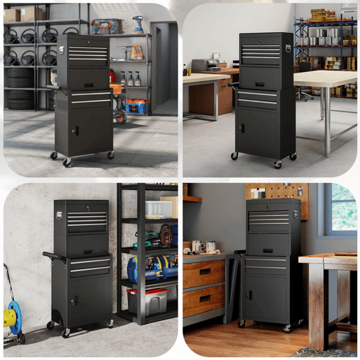 HOMCOM Carrinho de Ferramentas com 6 Gavetas e Fechos 3 em 1 Carrinho de Oficina Móvel com Rodas e Painel Lateral Perfurado Caixa de Ferramentas Desmontável de Aço para Oficina Garagem 60,5x33,5x131 cm Preto
