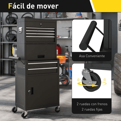 HOMCOM Carrinho de Ferramentas com 6 Gavetas e Fechos 3 em 1 Carrinho de Oficina Móvel com Rodas e Painel Lateral Perfurado Caixa de Ferramentas Desmontável de Aço para Oficina Garagem 60,5x33,5x131 cm Preto