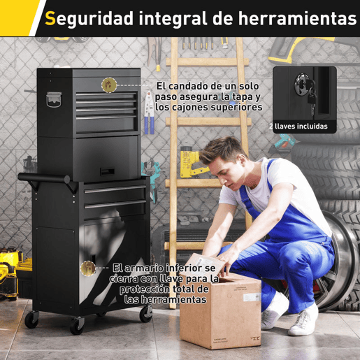HOMCOM Carrinho de Ferramentas com 6 Gavetas e Fechos 3 em 1 Carrinho de Oficina Móvel com Rodas e Painel Lateral Perfurado Caixa de Ferramentas Desmontável de Aço para Oficina Garagem 60,5x33,5x131 cm Preto