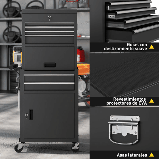HOMCOM Carrinho de Ferramentas com 6 Gavetas e Fechos 3 em 1 Carrinho de Oficina Móvel com Rodas e Painel Lateral Perfurado Caixa de Ferramentas Desmontável de Aço para Oficina Garagem 60,5x33,5x131 cm Preto