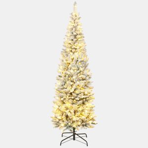 HOMCOM Árvore de Natal Estreita 210 cm Árvore de Natal Nevada com Luzes LED Bicolores 11 Modos de Iluminação 687 Ramos Suporte Metálico Montagem Fácil Verde