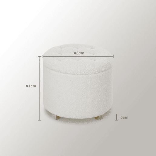 HOMCOM Puff de Armazenamento Baú de Armazenamento Redondo 40,5L 45x45x41 cm Estofado em Borreguito Banco Apoia-Pés com Pés de Madeira Assento Acolchoado para Sala Quarto Entrada Branco