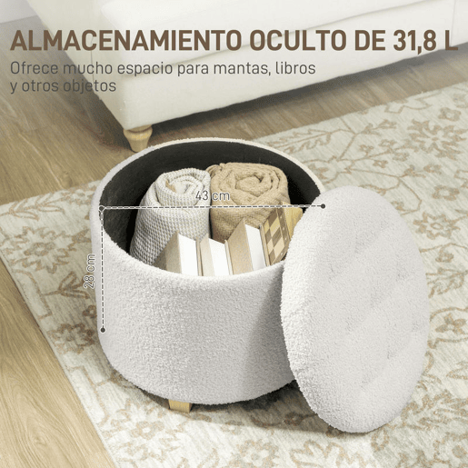 HOMCOM Puff de Armazenamento Baú de Armazenamento Redondo 40,5L 45x45x41 cm Estofado em Borreguito Banco Apoia-Pés com Pés de Madeira Assento Acolchoado para Sala Quarto Entrada Branco