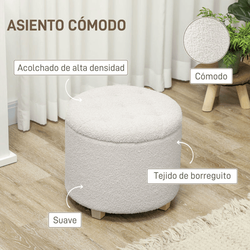 HOMCOM Puff de Armazenamento Baú de Armazenamento Redondo 40,5L 45x45x41 cm Estofado em Borreguito Banco Apoia-Pés com Pés de Madeira Assento Acolchoado para Sala Quarto Entrada Branco