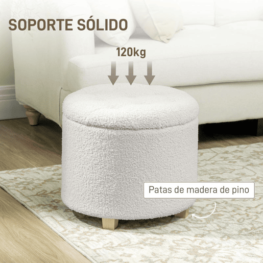 HOMCOM Puff de Armazenamento Baú de Armazenamento Redondo 40,5L 45x45x41 cm Estofado em Borreguito Banco Apoia-Pés com Pés de Madeira Assento Acolchoado para Sala Quarto Entrada Branco