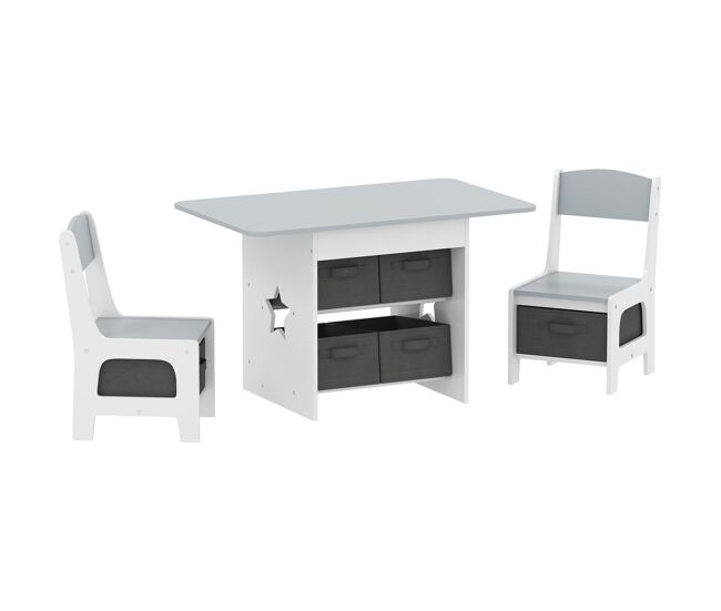 Aiyaplay mesa infantil con 2 sillas, mesa y sillas infantil con 6 cajones de tela, diseño estrellas, para niños y niñas de 3-8 años, para hogar, guardería, aulas, gris claro